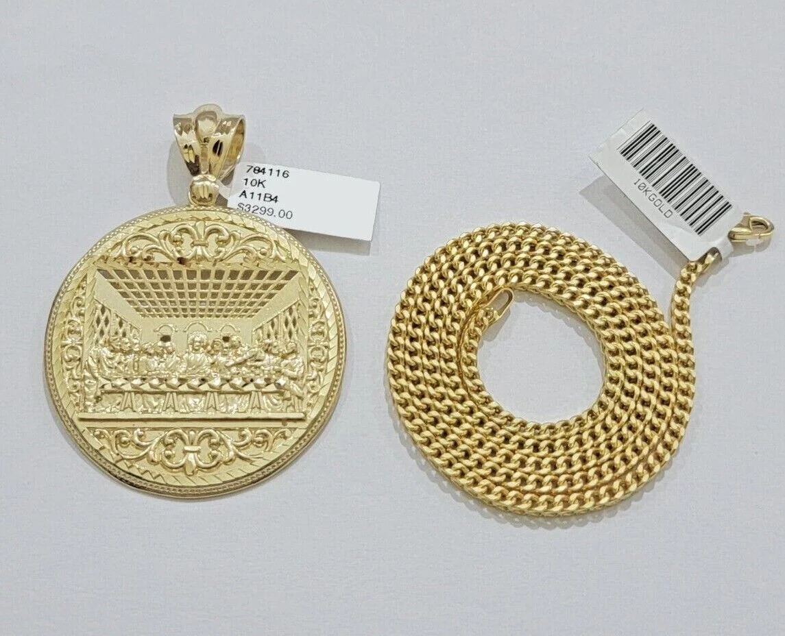 10k Yellow Gold Franco Chain Necklace Last Supper Charm Pendant 3mm 20"Inch 10kt - Image 10
