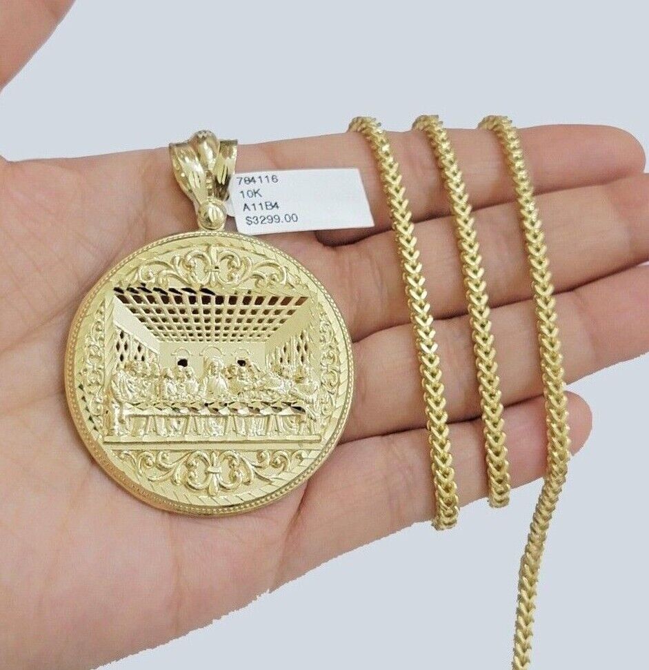 10k Yellow Gold Franco Chain Necklace Last Supper Charm Pendant 3mm 20"Inch 10kt - Image 9