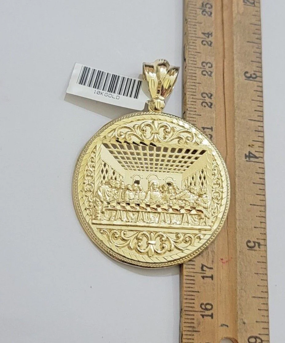 10k Yellow Gold Franco Chain Necklace Last Supper Charm Pendant 3mm 24"Inch 10kt - Image 3