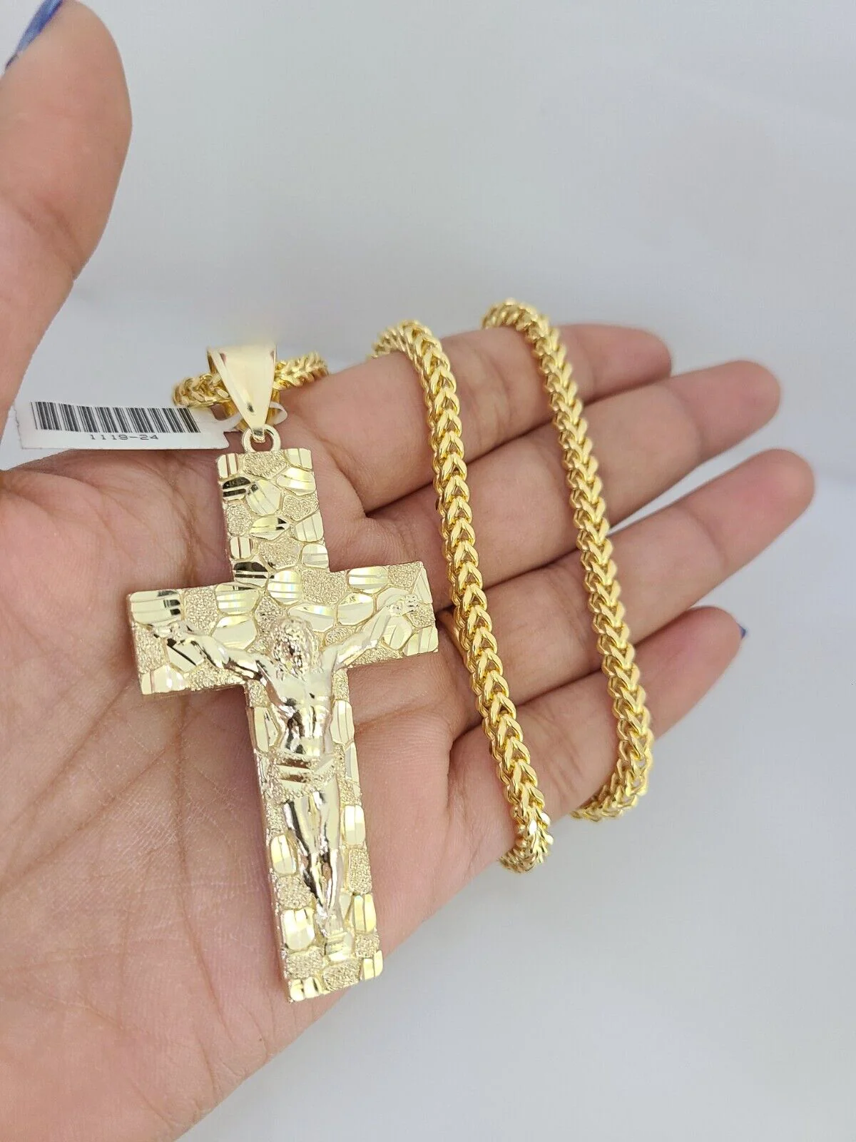 10k Yellow Gold Franco Chain Nugget Cross Charm Pendant 4mm 18-28 Inch Necklace