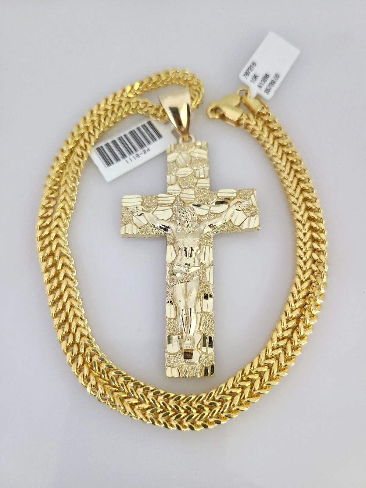 10k Yellow Gold Franco Chain Nugget Cross Charm Pendant 4mm 18-28 Inch Necklace - Image 3