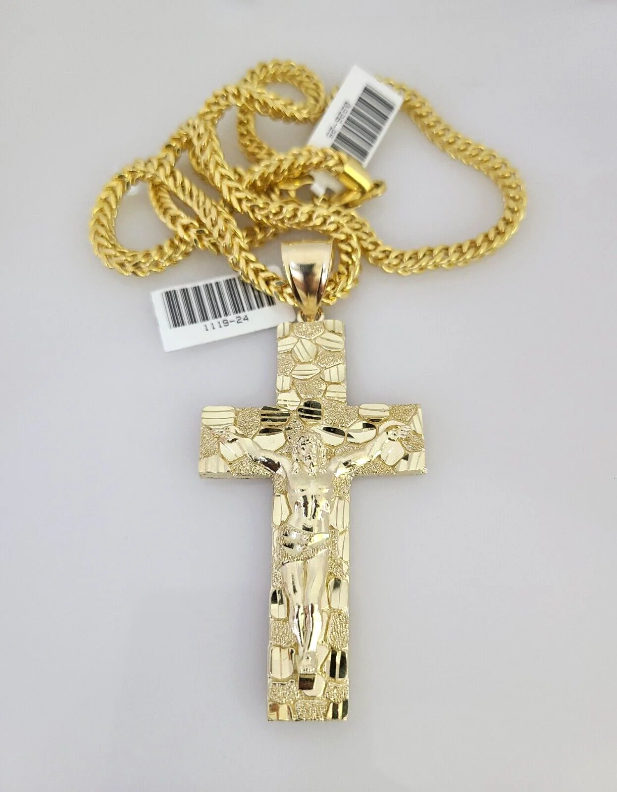 10k Yellow Gold Franco Chain Nugget Cross Charm Pendant 4mm 18-28 Inch Necklace - Image 4