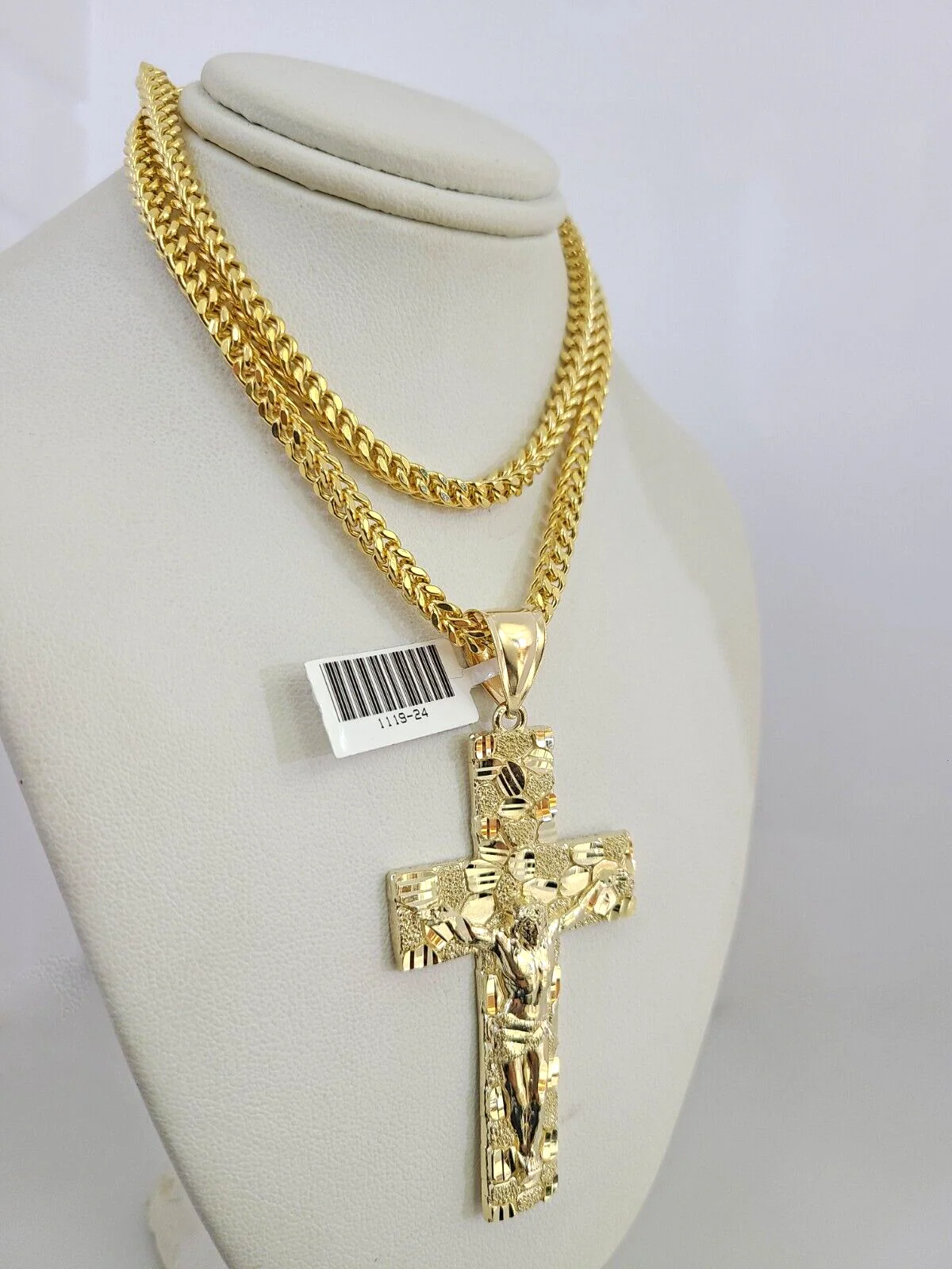 10k Yellow Gold Franco Chain Nugget Cross Charm Pendant 4mm 18-28 Inch Necklace - Image 5