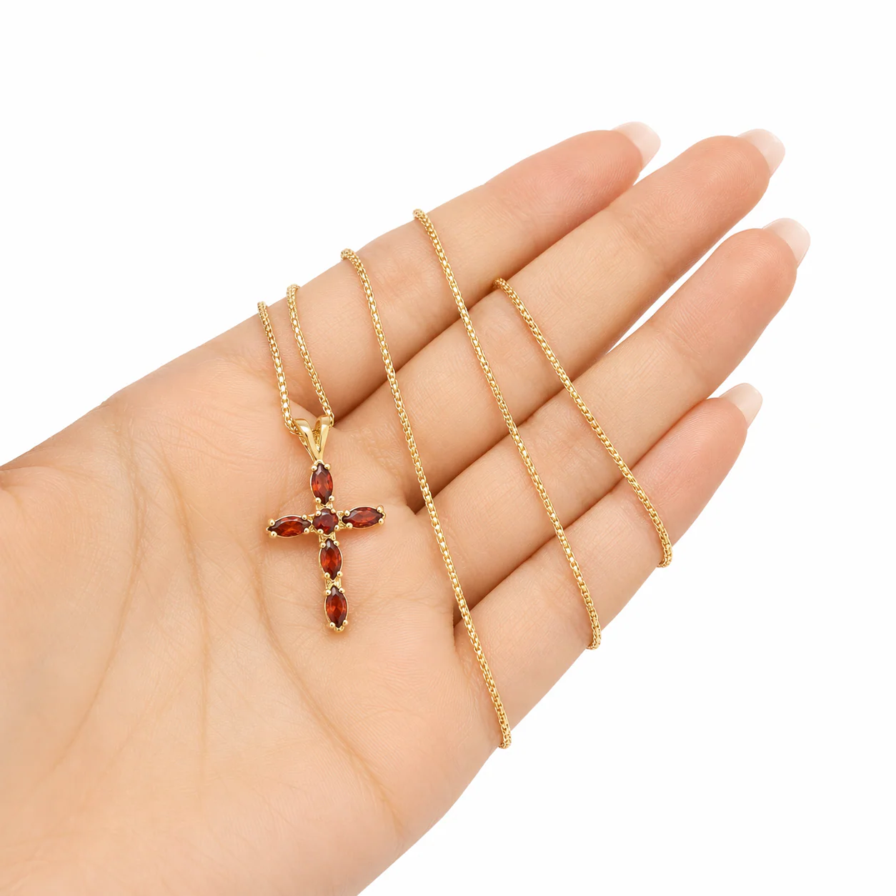 10K Yellow Gold Franco Chain Red CZ Cross Pendant Necklace 1mm 16 18 20 22 Women - Image 3