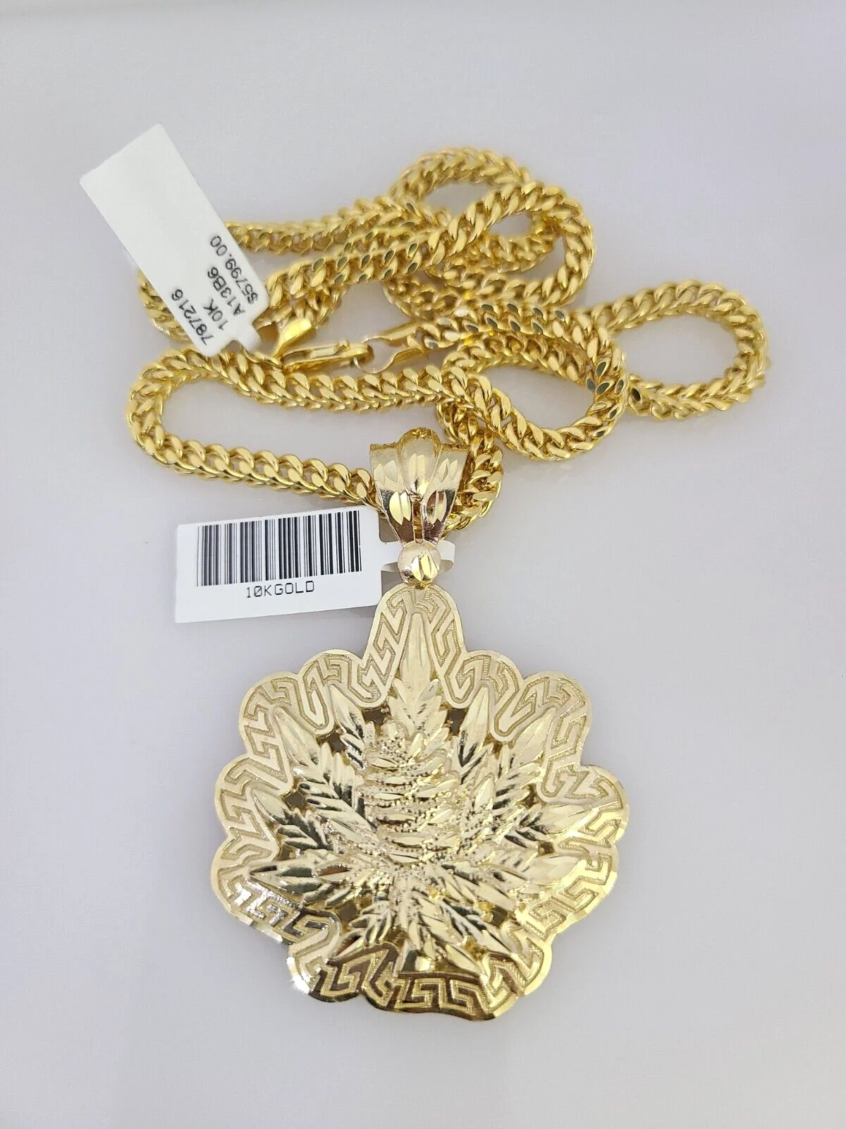 10k Yellow Gold Franco Chain Weed Leaf Charm Pendant 4mm 18-28 Inch Necklace