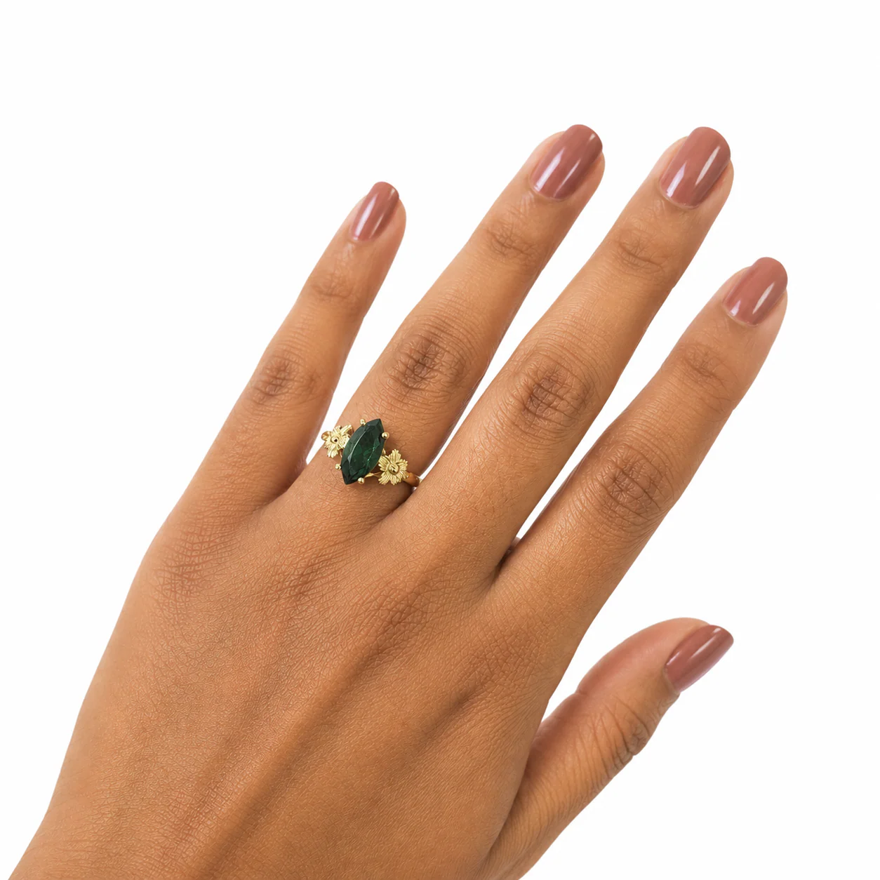 10k Yellow Gold Green Marquise Ring CZ Flower Floral Dainty Women Statement