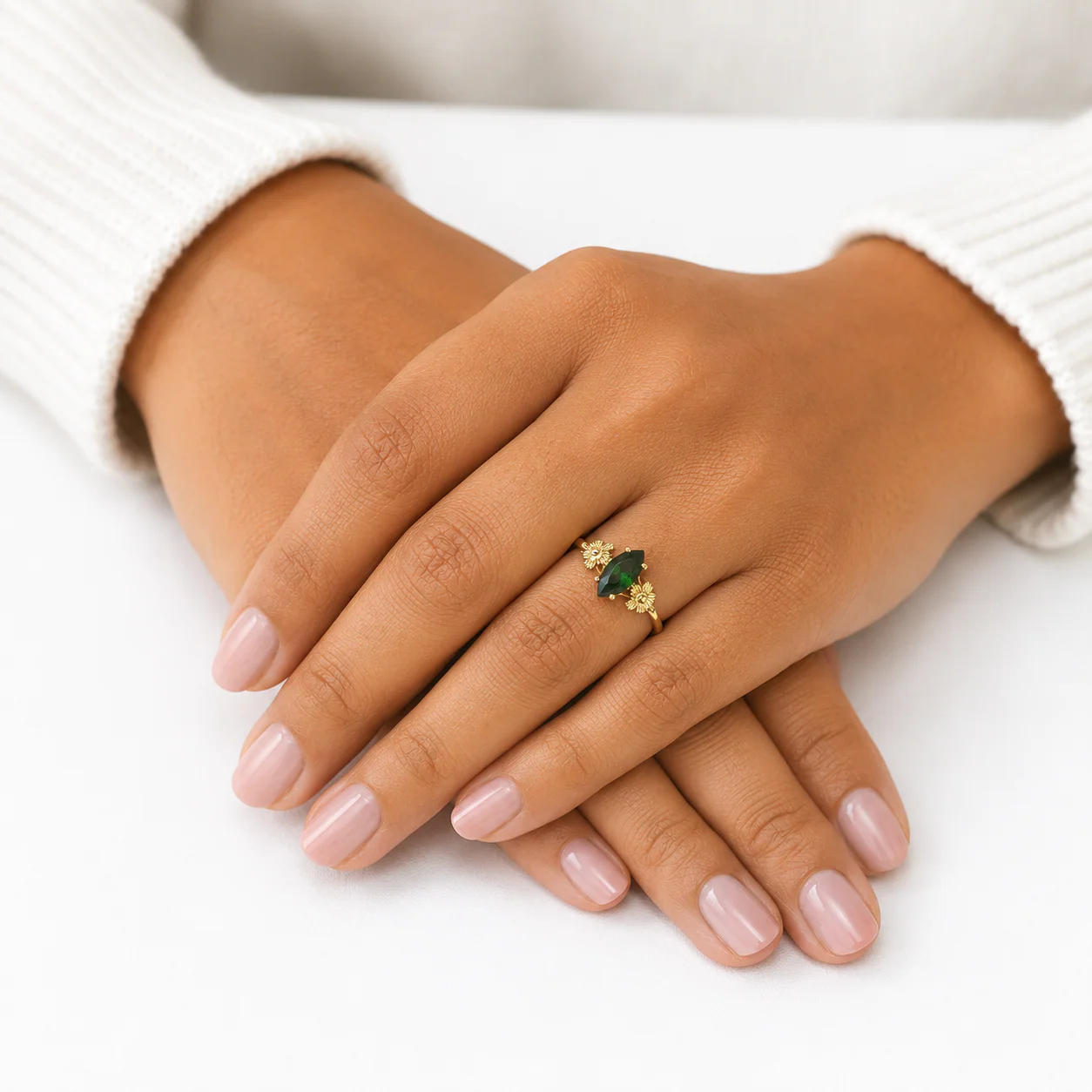 10k Yellow Gold Green Marquise Ring CZ Flower Floral Dainty Women Statement - Image 5