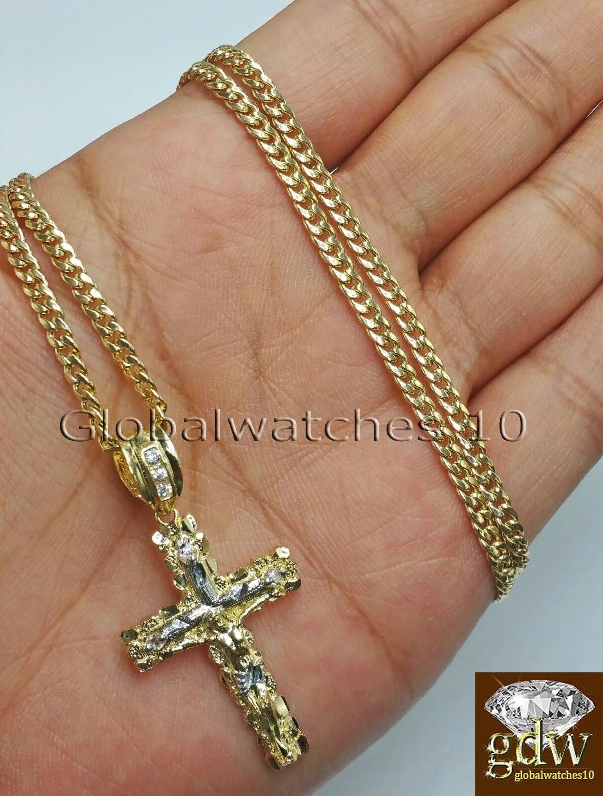 10k Yellow Gold Jesus Cross Charm Pendant 10K 24" Miami Cuban Chain SET Real - Image 2