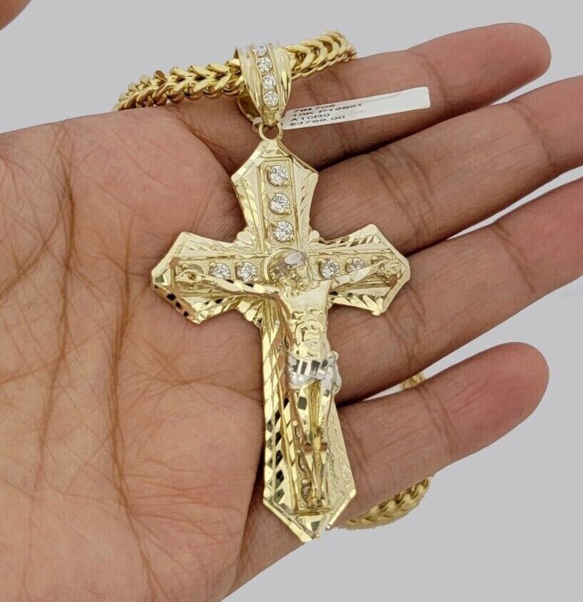 10k Yellow Gold Jesus Cross Charm Pendant 2.75 Inch Real 10kt With Stones - Image 3