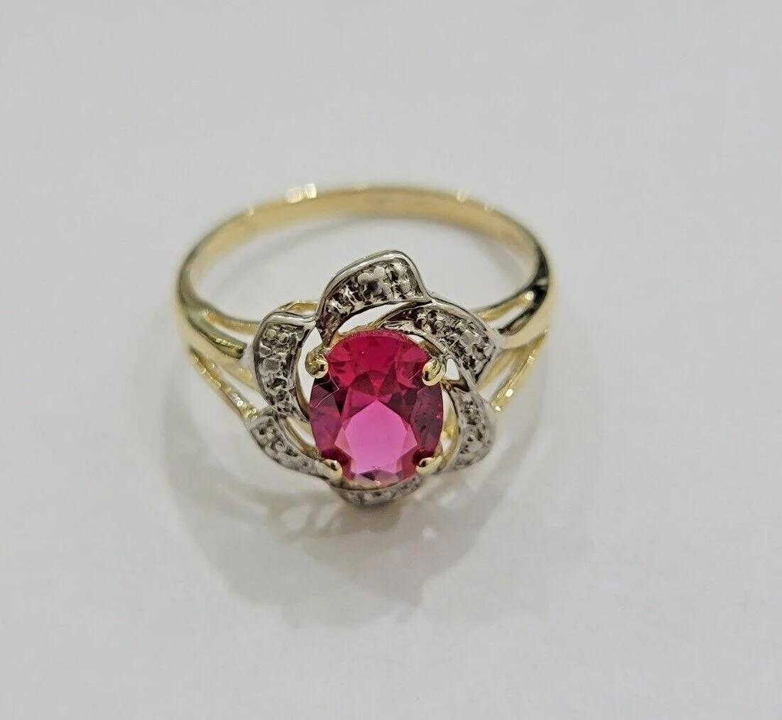 10k Yellow Gold Ladies Ruby Red Ring Women's Casual Band Real 10kt Flower Design Ring Sizes 6,7,8,9,10,11 & 12 - Image 9