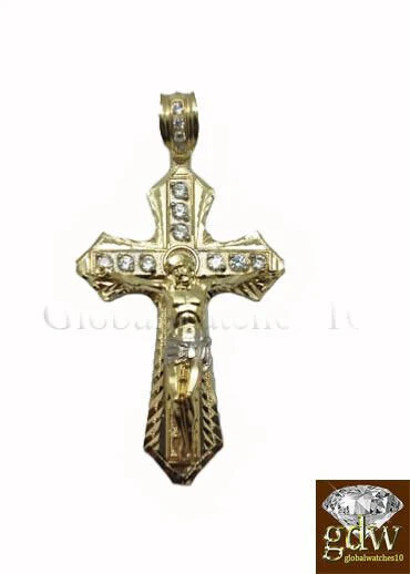 10k Yellow Gold Men Cross Charm Pendant Diamond Cut Angel Jesus Crucifix - Image 2