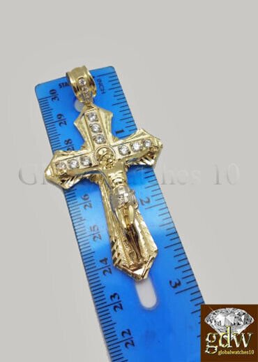 10k Yellow Gold Men Cross Charm Pendant Diamond Cut Angel Jesus Crucifix - Image 3