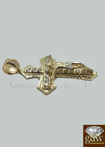 10k Yellow Gold Men Cross Charm Pendant Diamond Cut Angel Jesus Crucifix - Image 4