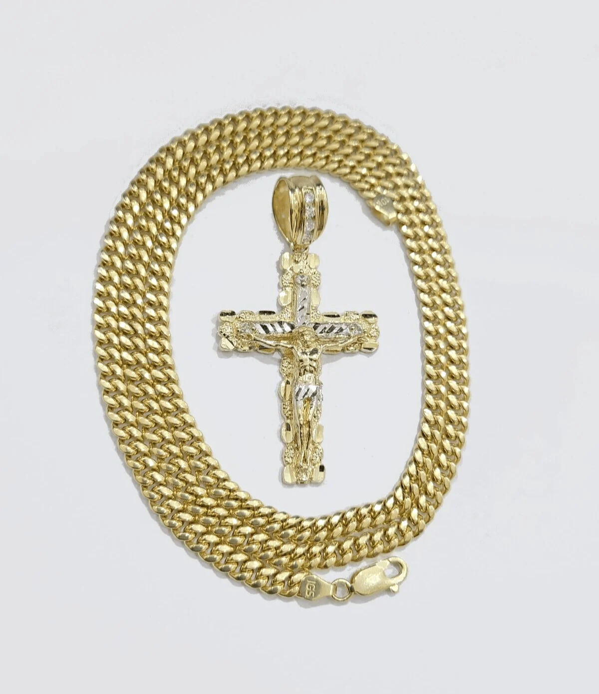 10k Yellow Gold Miami Cuban Chain 5mm 24" inch Necklace Jesus Cross Charm Real - Image 2
