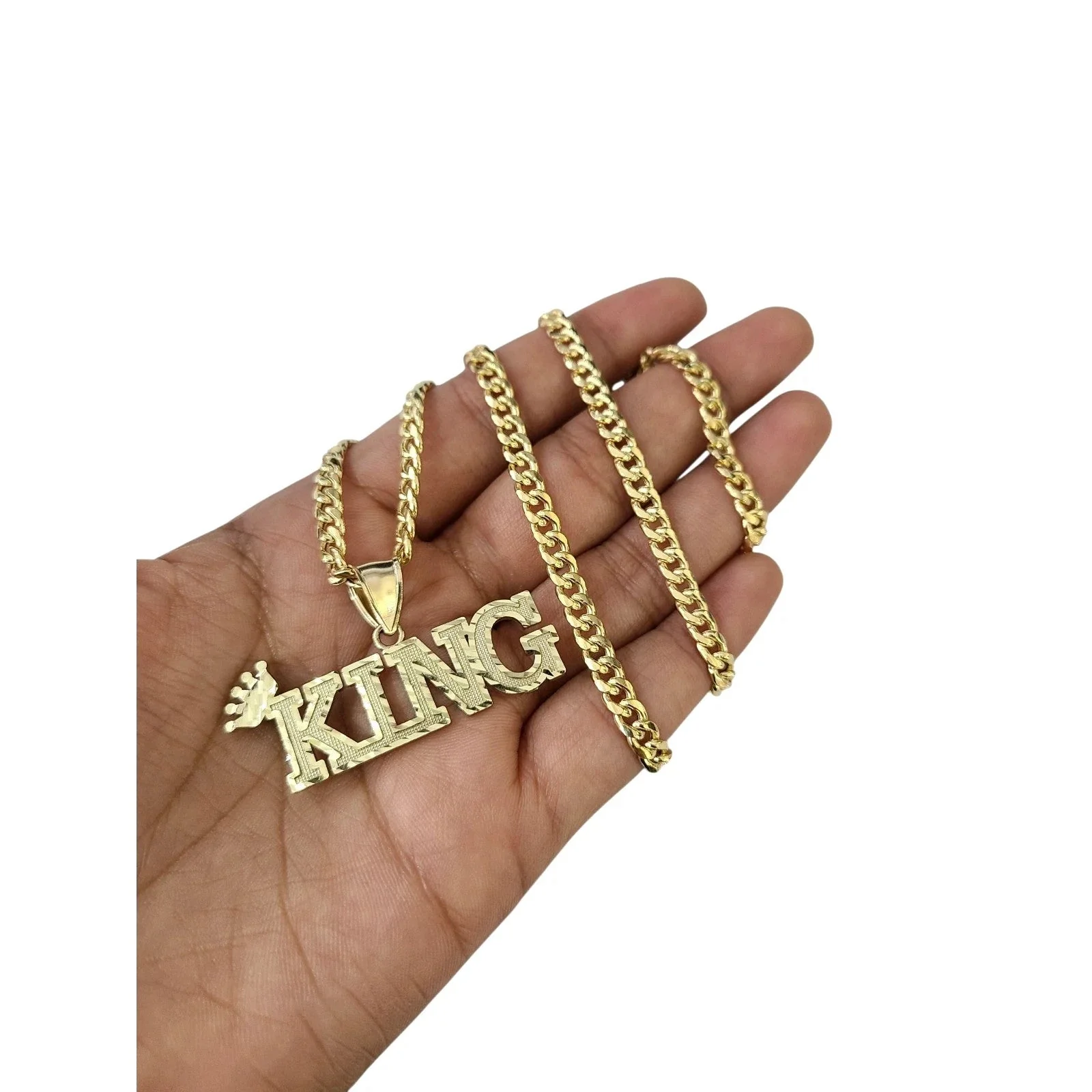 10K Yellow Gold Miami Cuban Link Chain Set KING Charm Pendant 4.5mm 18-28" - Image 3