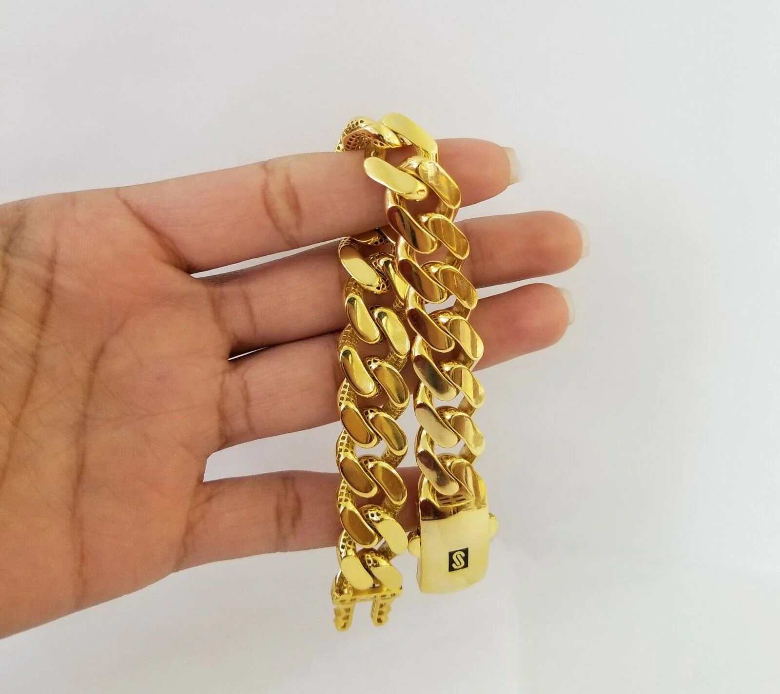 10K Yellow Gold Monaco Bracelet 8.5 inch 15mm Cuban link hand chain Real 10k - Image 8