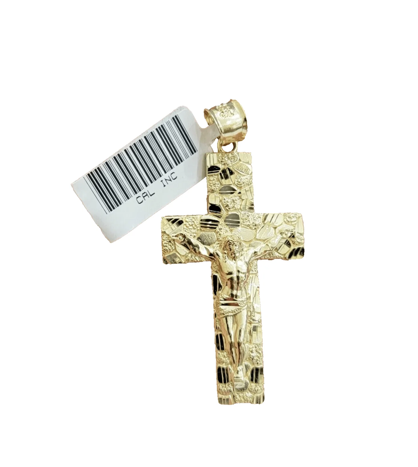 10k Yellow Gold Nugget Jesus Cross Charm Pendant 2'' inches Real 10kt Chain
