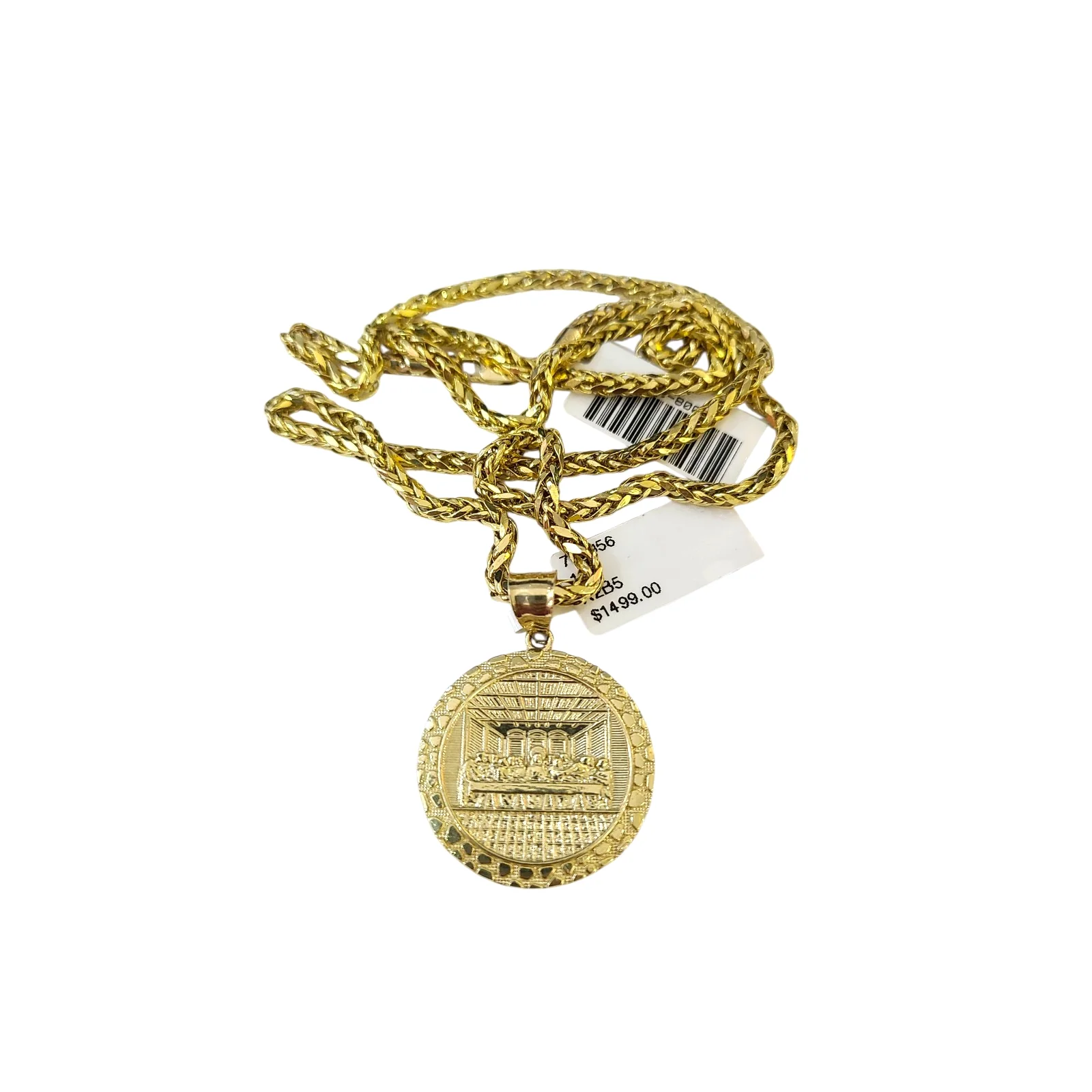 10k Yellow Gold Palm Chain Nugget Last Supper Pendant Charm 3mm SET Necklace - Image 2