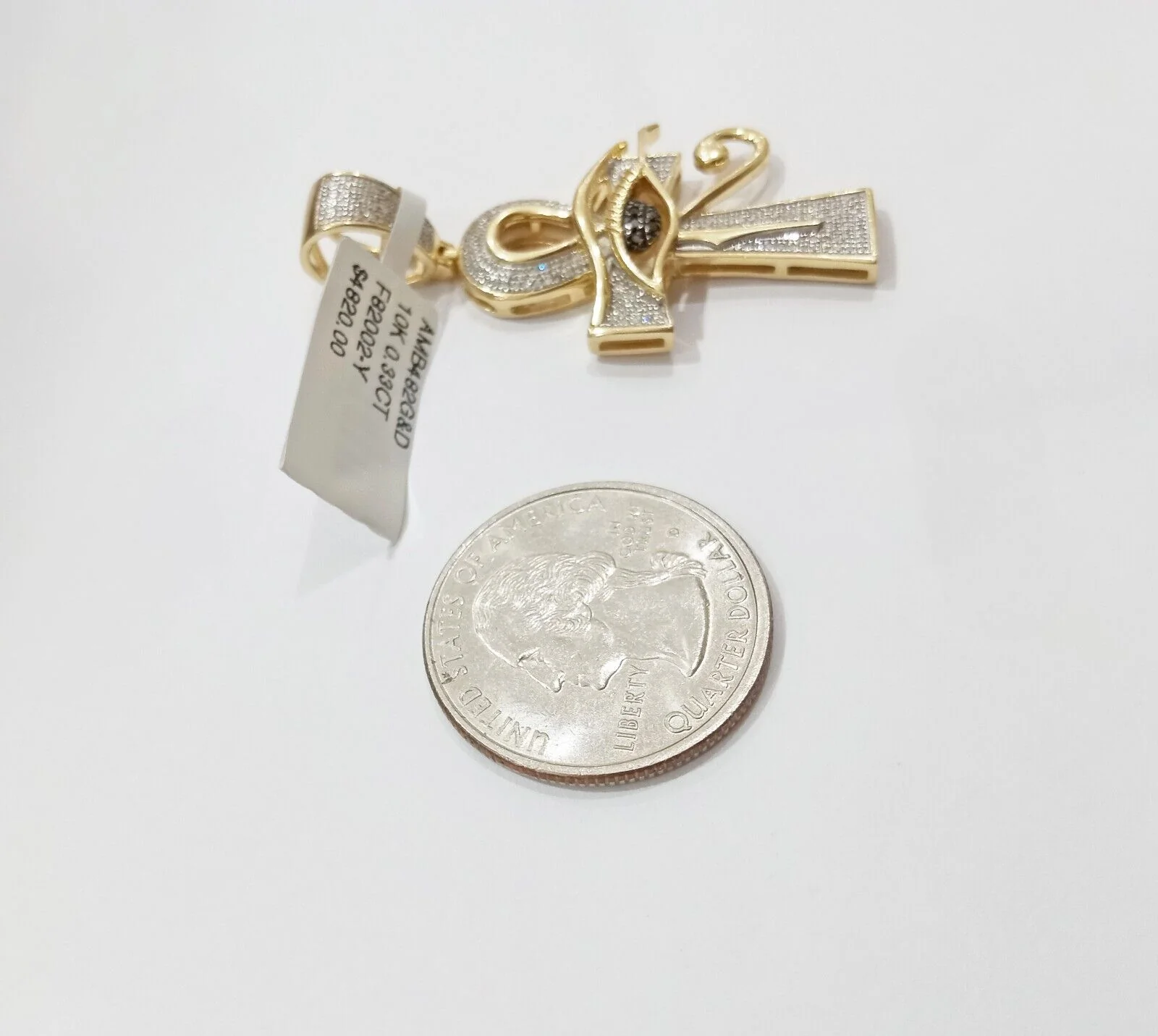 10k Yellow Gold Real Diamond Evil Eye Ankh Charm Pendant - Image 5