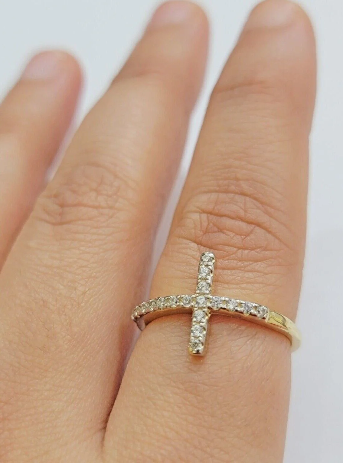 10k Yellow Gold Ring Ladies Real 10kt Cross Ring With Stones For Women  Ring Sizes 6,7,8,9,10,11 & 12 - Image 9