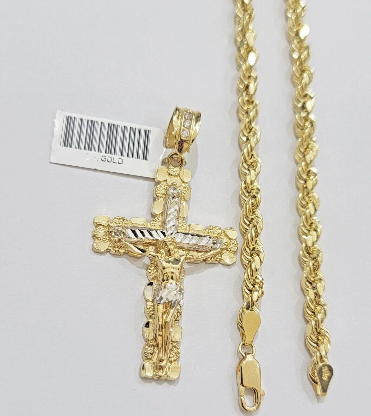 10k yellow gold rope chain with cross charm pendant set real 10kt 4mm necklace - Image 3