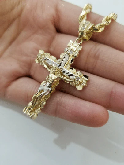 10k yellow gold rope chain with cross charm pendant set real 10kt 4mm necklace - Image 4