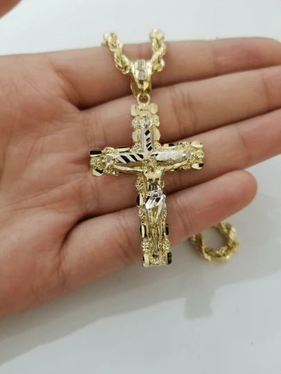 10k yellow gold rope chain with cross charm pendant set real 10kt 4mm necklace - Image 5