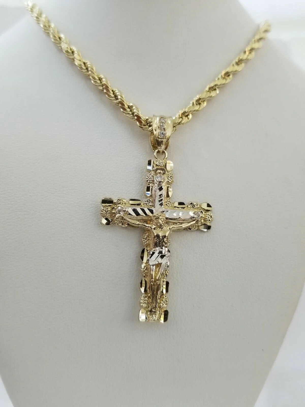 10k Yellow Gold Rope Chain With Cross Charm Pendant Set REAL 10KT 4mm Necklace - Image 7