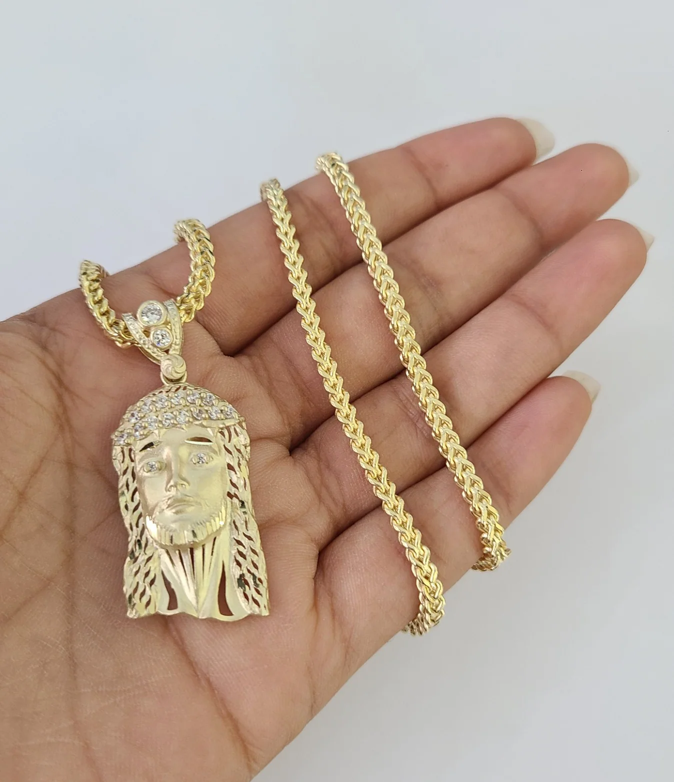 10kt Franco Chain Necklace Jesus Head Charm Pendant 3mm 18-28 Inches Yellow Gold