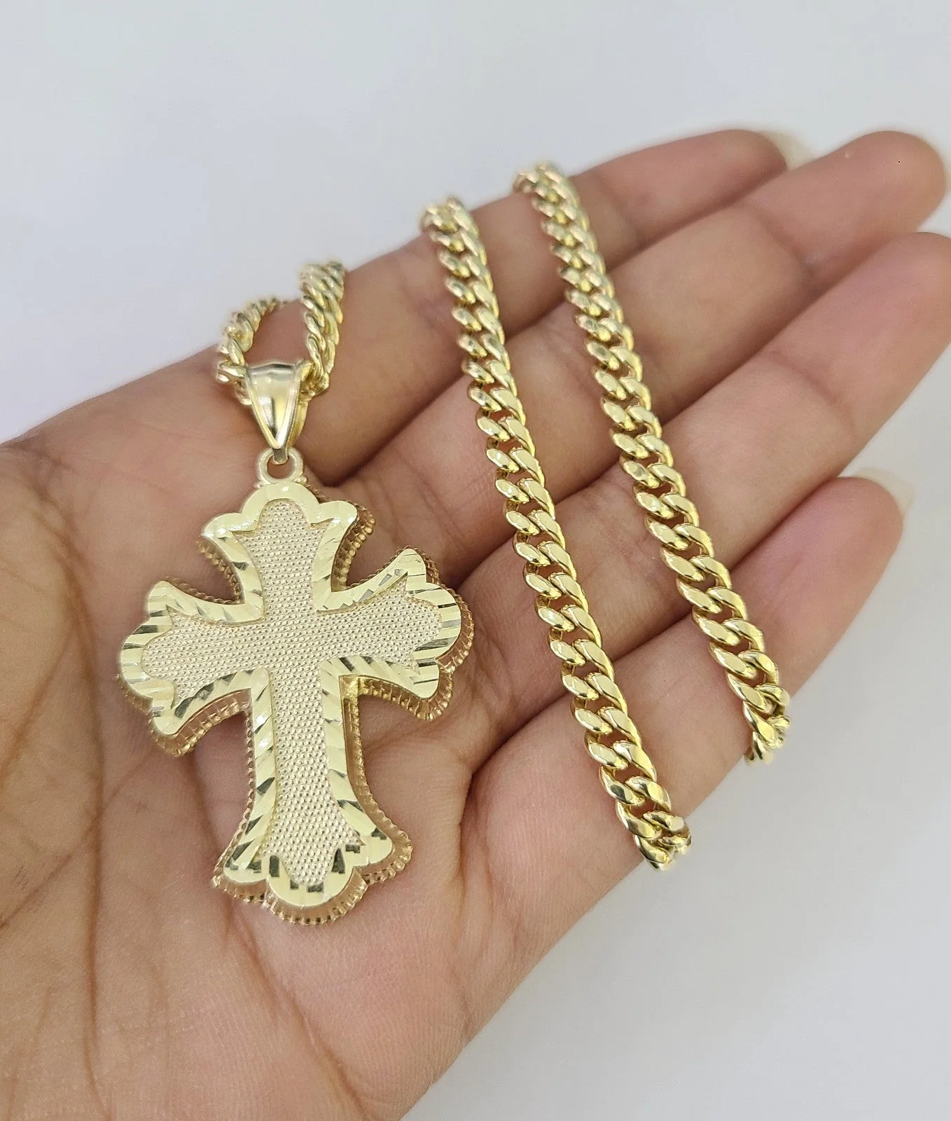 10kt Gold Jesus Roman Cross Charm Miami Cuban Chain Pendant 5mm 18"-28" Necklace