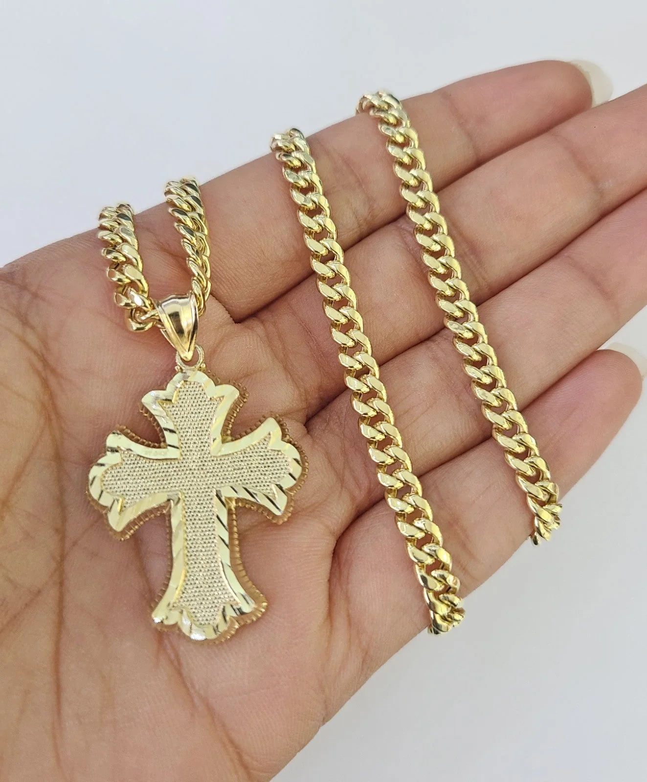10kt Gold Miami Cuban Chain Jesus Roman Cross Charm Pendant 5mm 18"-28" Necklace