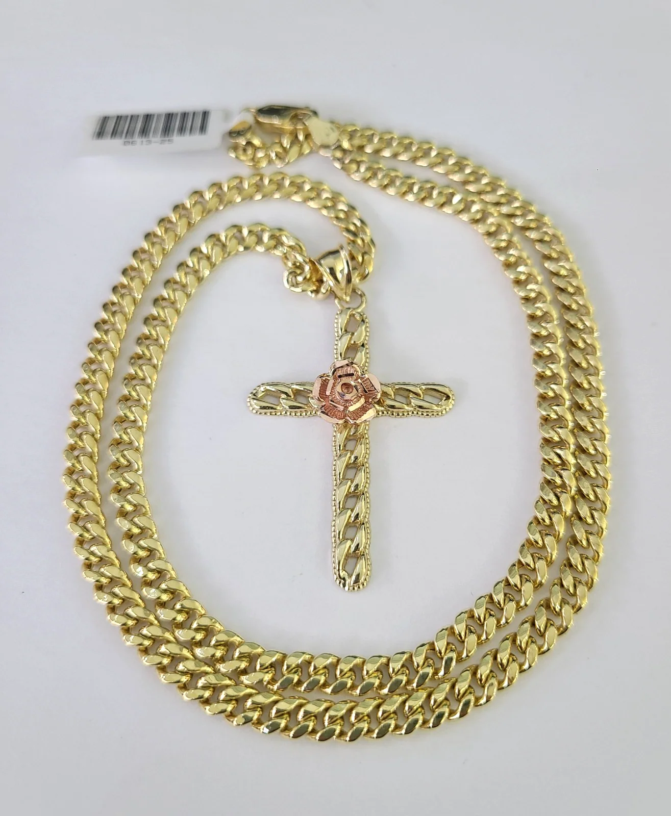 10kt Gold Miami Cuban Chain Jesus Rose Cross Charm Pendant 5mm 18"-28" Necklace - Image 2