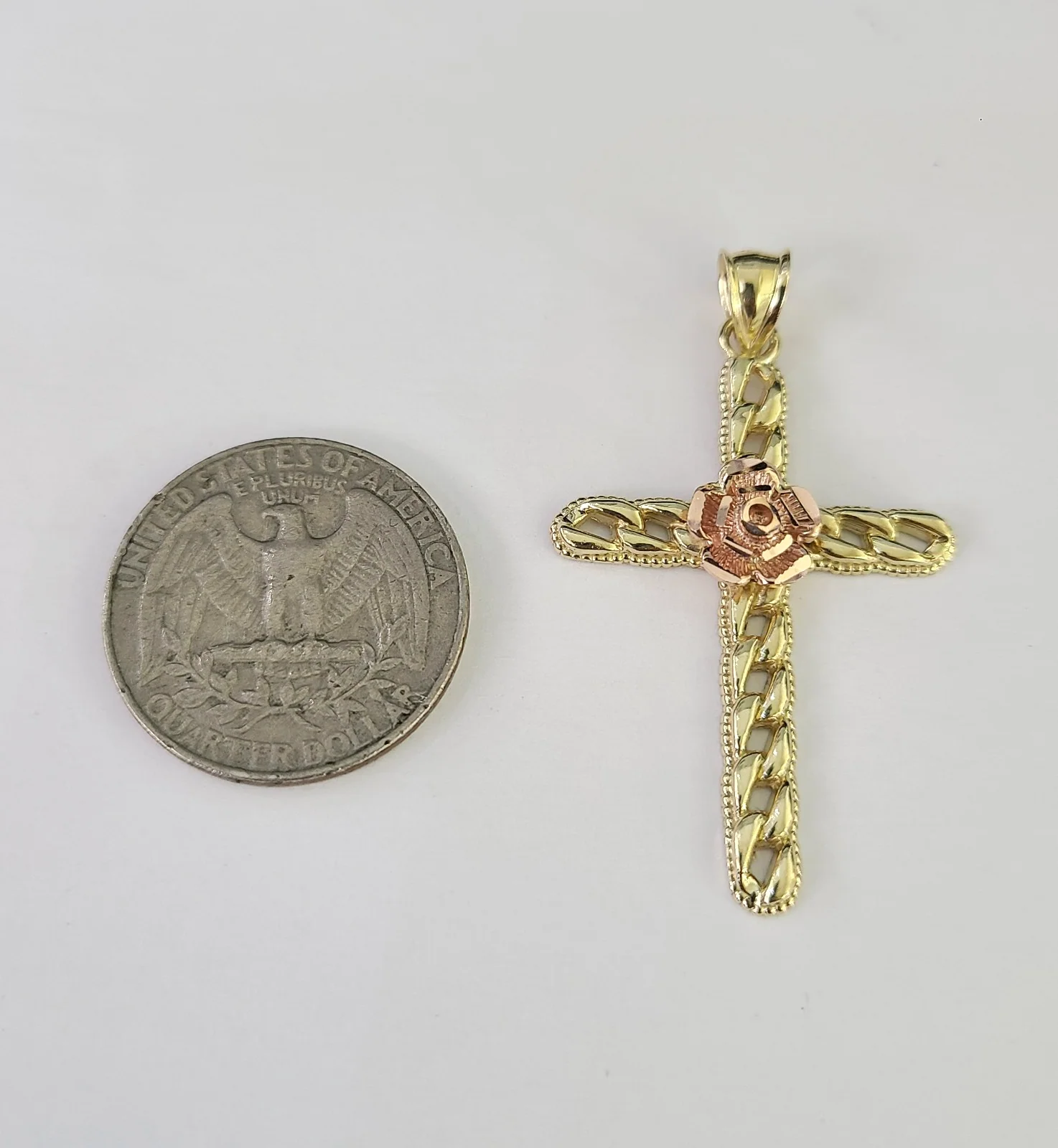 10kt Gold Miami Cuban Chain Jesus Rose Cross Charm Pendant 5mm 18"-28" Necklace - Image 5
