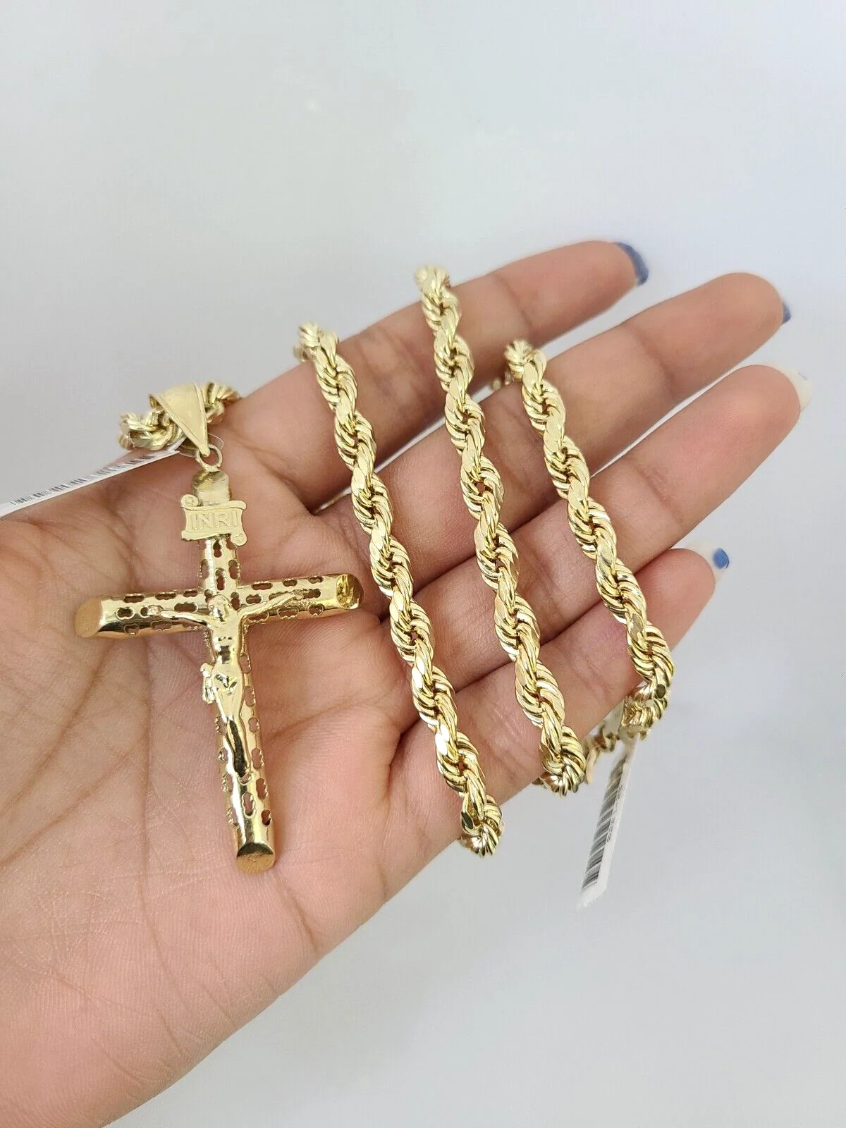 10kt Gold Rope Chain INRI Cross Charm Set 18"-30'' Inch 6mm Necklace Pendant - Image 2