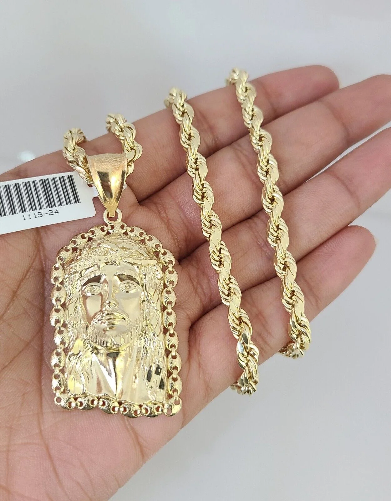 10kt Gold Rope Chain Jesus Head Pendant Charm Set 18"-30'' Inch 5mm Necklace