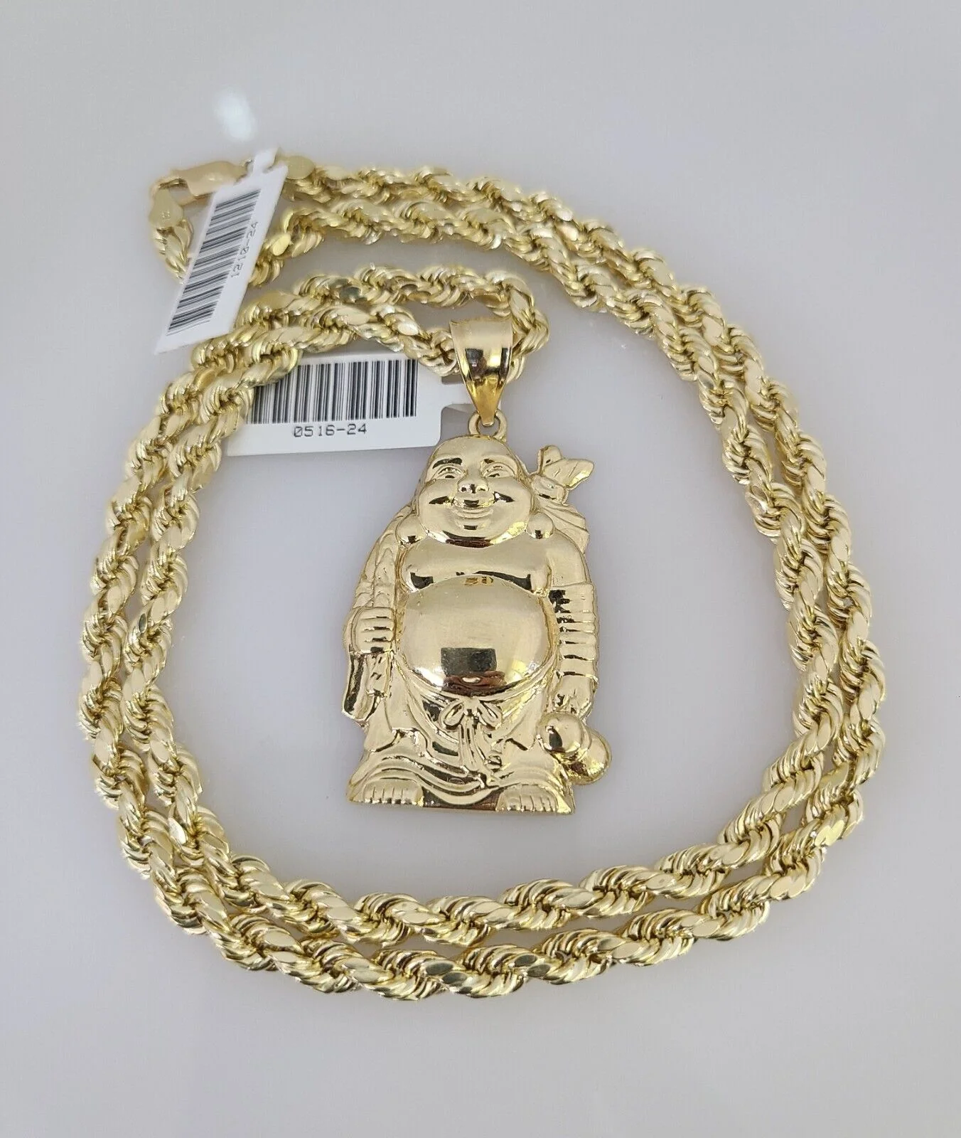 10kt Gold Rope Chain Laughing Buddha Charm Set 18"-30'' Inch 5mm Necklace - Image 2