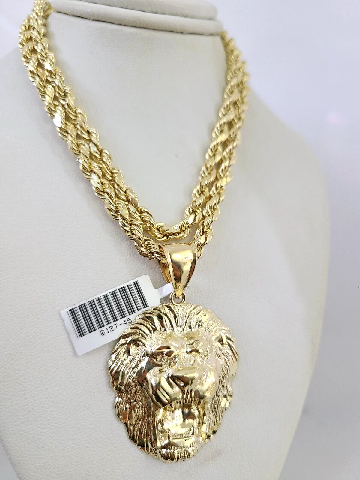 10kt Gold Rope Chain Roaring Lion Pendant Charm Set 18"-30'' Inch 5mm Necklace