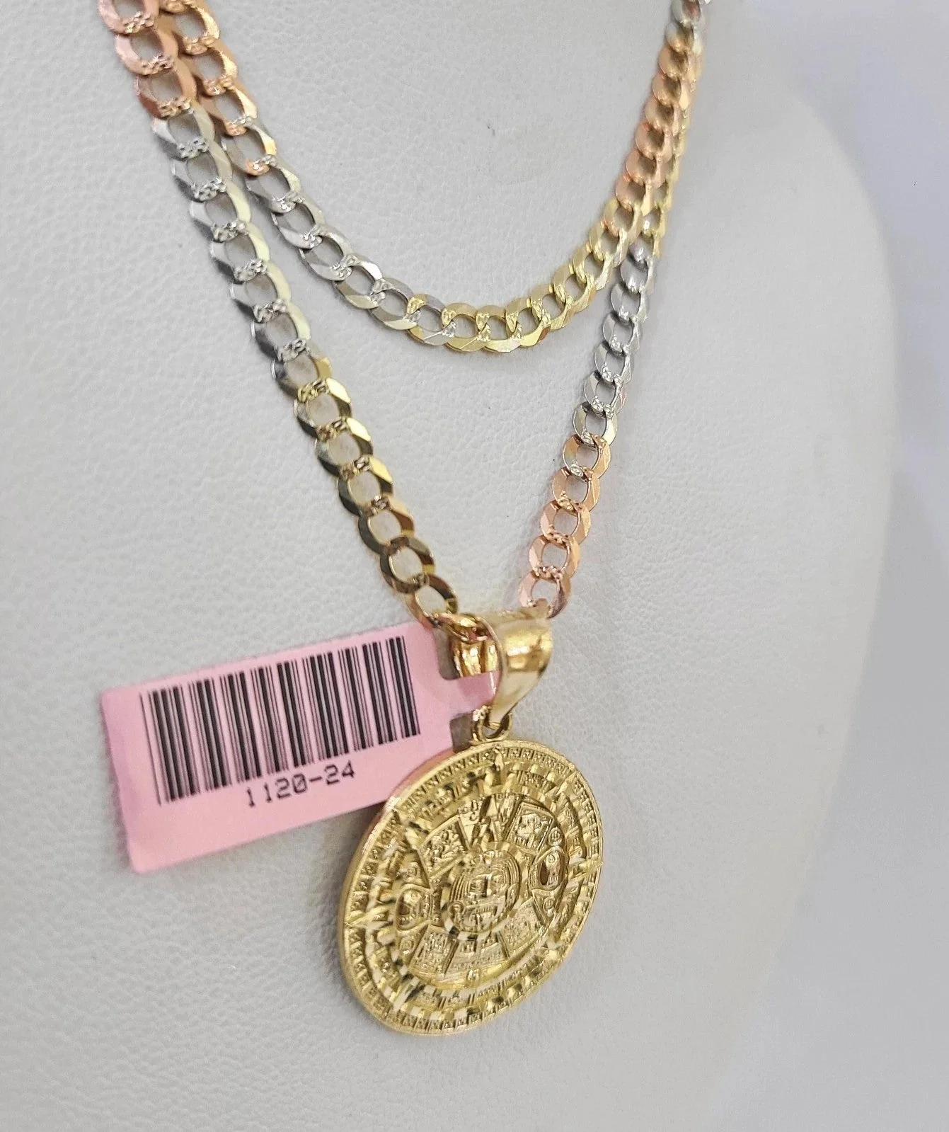 14k Chain Mayan Calendar Pendant Solid TriColor Cuban Curb 4mm 18"-28" Inch - Image 3