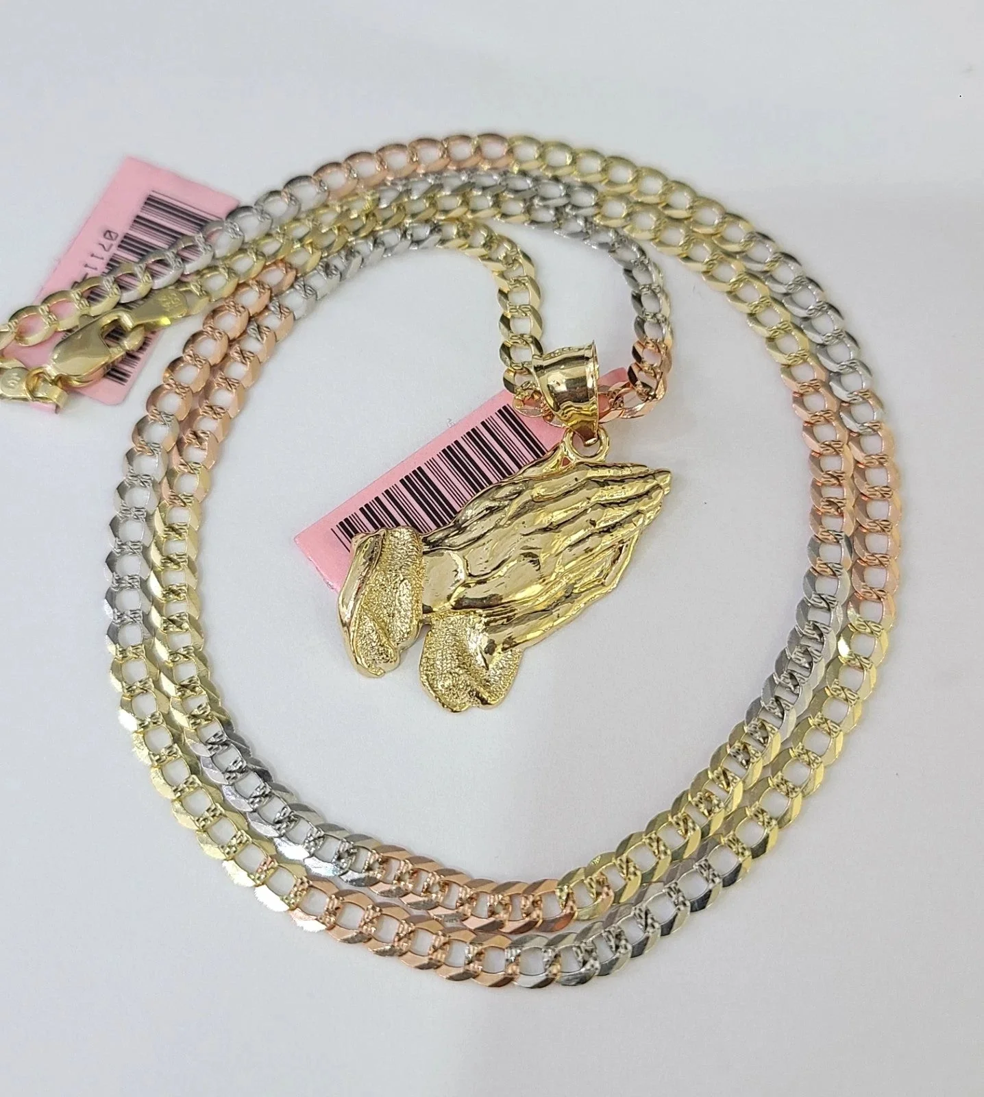 14k Chain Praying Hands Pendant Solid TriColor Cuban Curb 4mm 18"-28" Inch