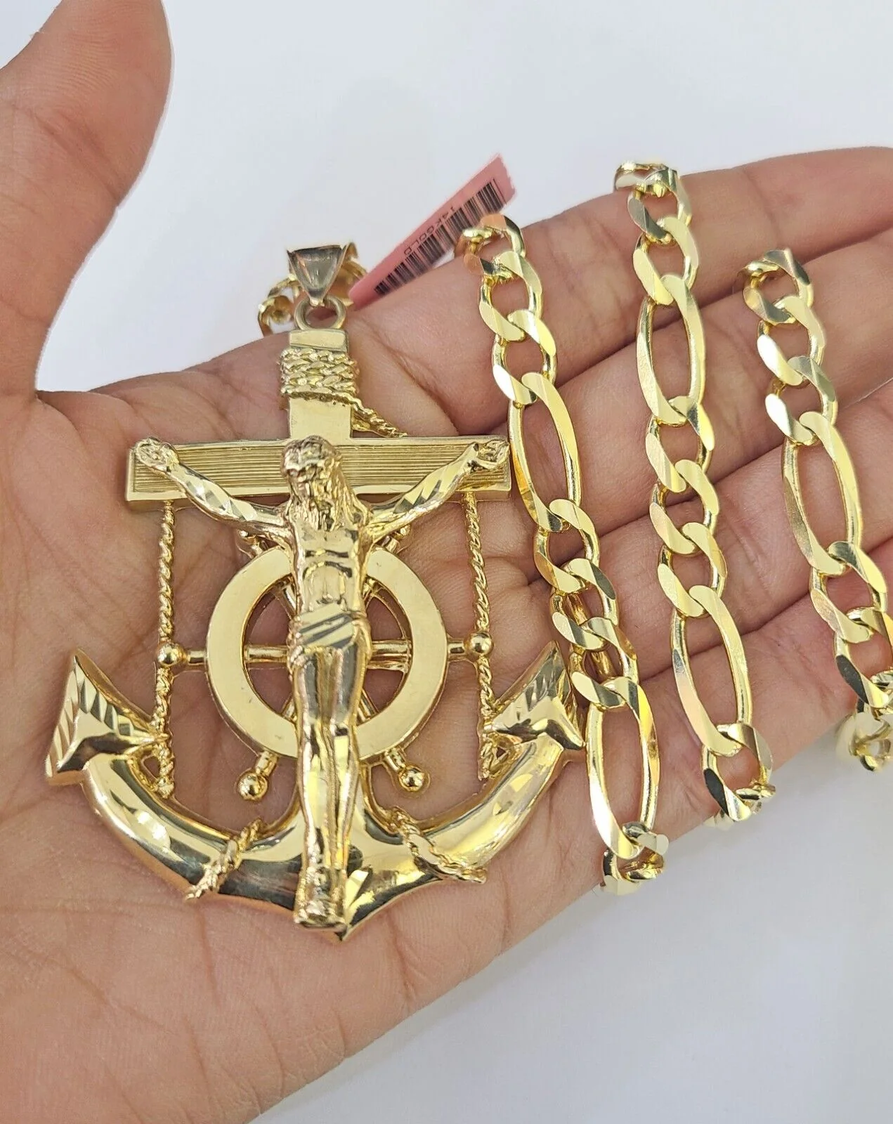 14k Figaro Chain Jesus Anchor Charm Pendant Gold 7mm 20-30 inch SET Necklace - Image 3