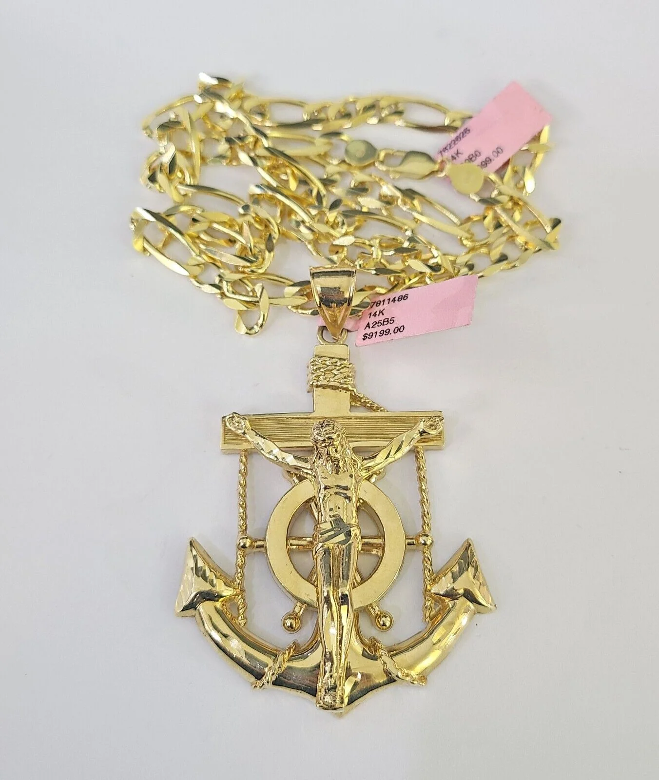 14k Figaro Chain Jesus Anchor Charm Pendant Gold 7mm 20-30 inch SET Necklace - Image 4