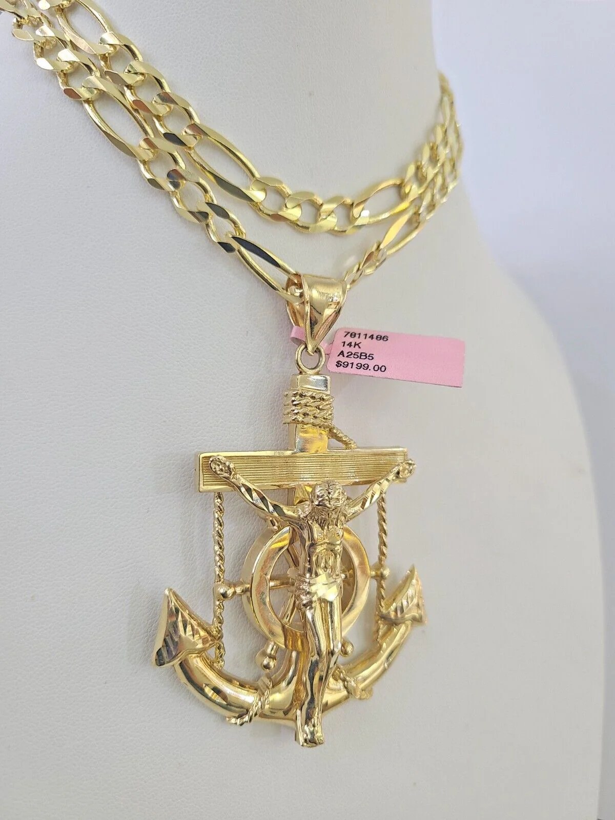 14k Figaro Chain Jesus Anchor Charm Pendant Gold 7mm 20-30 inch SET Necklace - Image 6