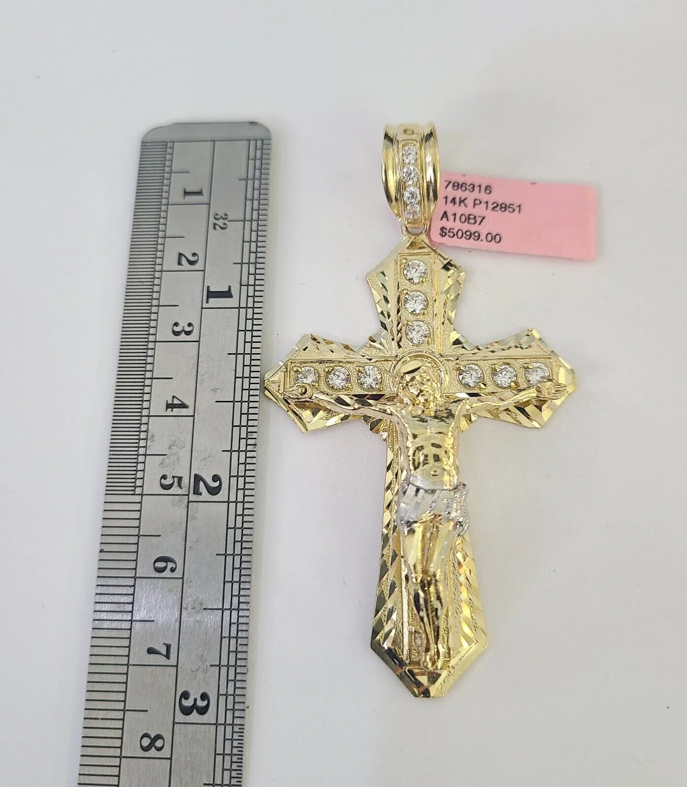 14k Figaro Chain Jesus Cross Charm Pendant Gold 7mm 20-30 inch SET Necklace - Image 4