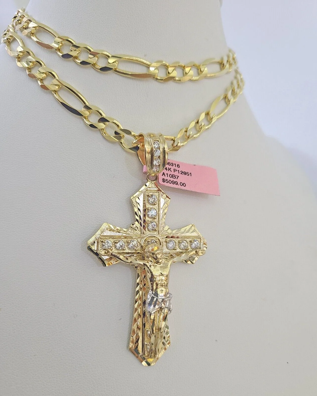 14k Figaro Chain Jesus Cross Charm Pendant Gold 7mm 20-30 inch SET Necklace - Image 6