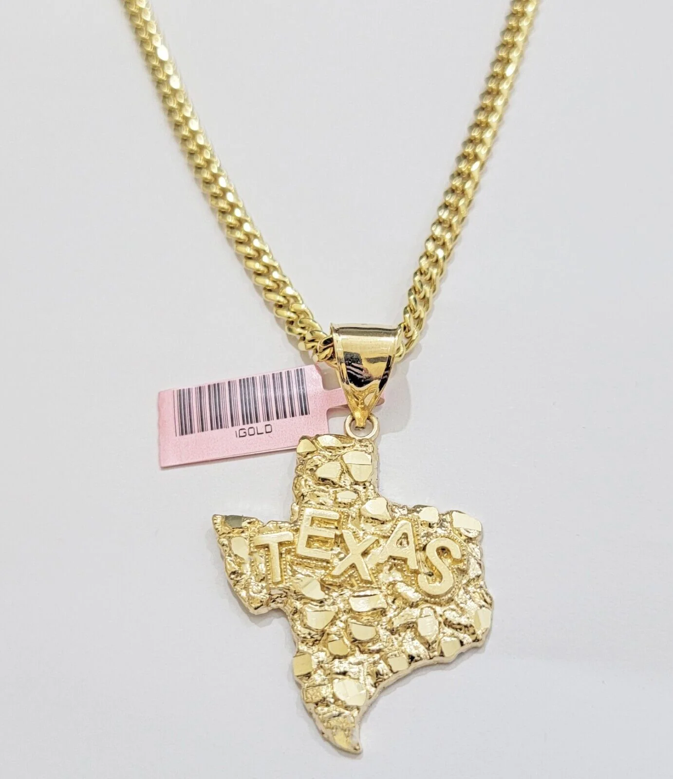14k Gold Chain & Charm Nugget Texas map pendant Cuban Link Necklace 20 Inch 5mm