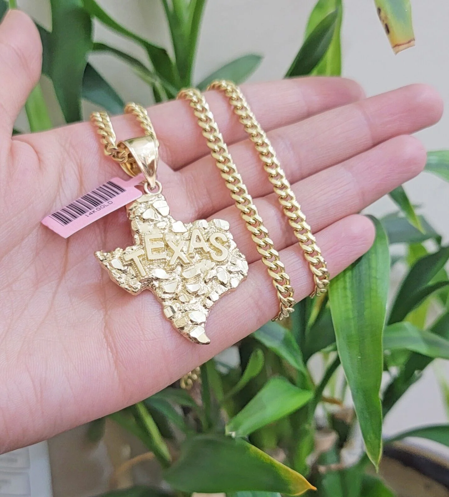 14k Gold Chain & Charm Nugget Texas map pendant Cuban Link Necklace 26 Inch 5mm - Image 2
