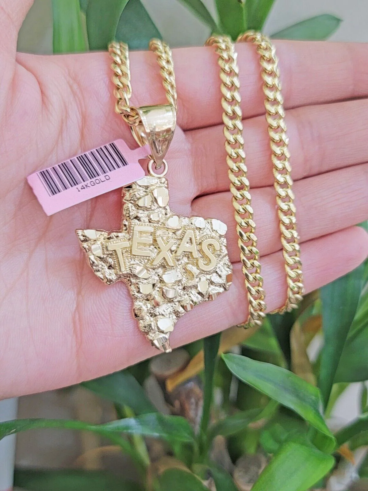 14k Gold Chain & Charm Nugget Texas map pendant Cuban Link Necklace 26 Inch 5mm - Image 3
