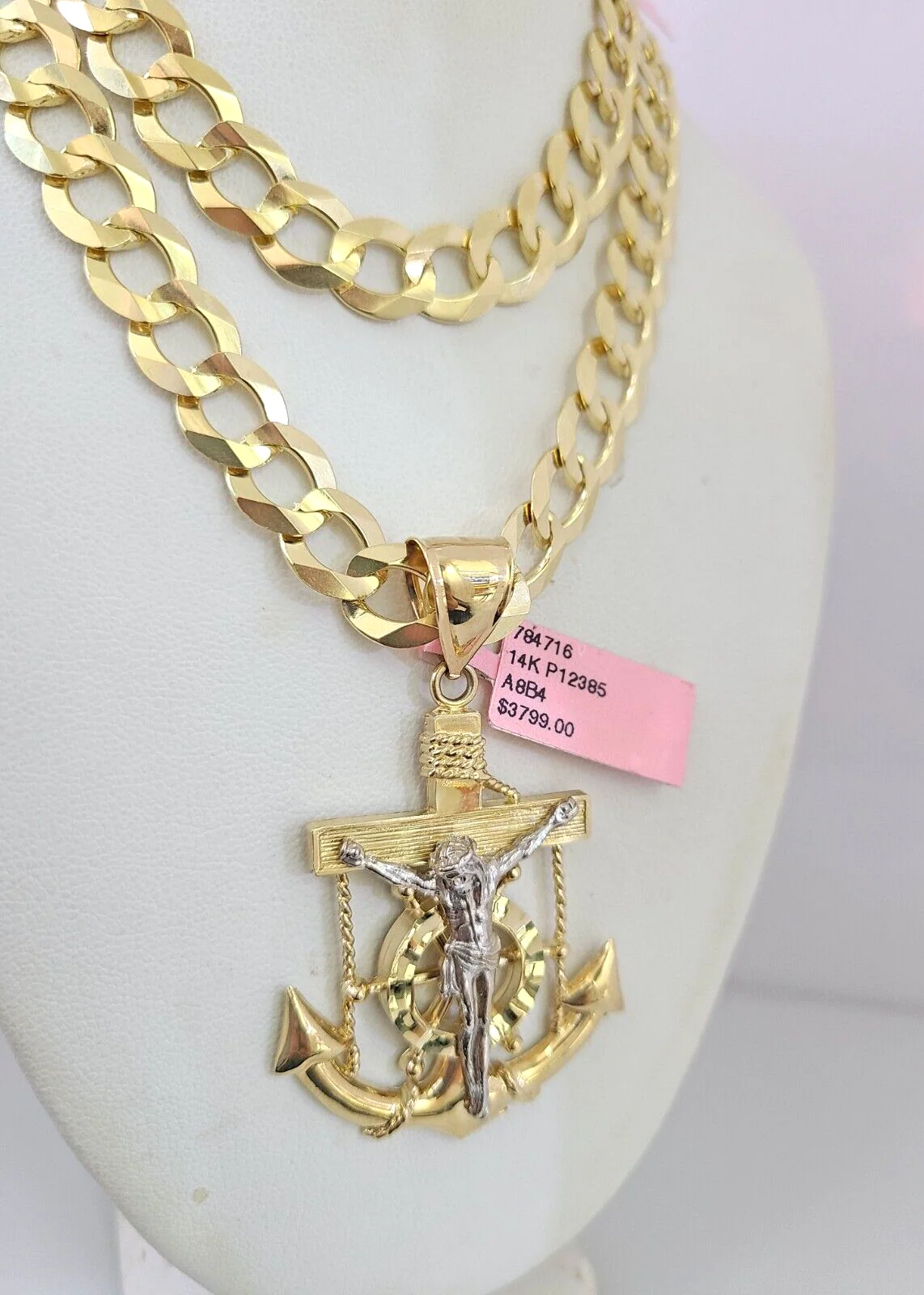 14k Gold Chain Jesus Anchor Charm Solid Cuban Curb 10mm 20"-30" SET Necklace - Image 6