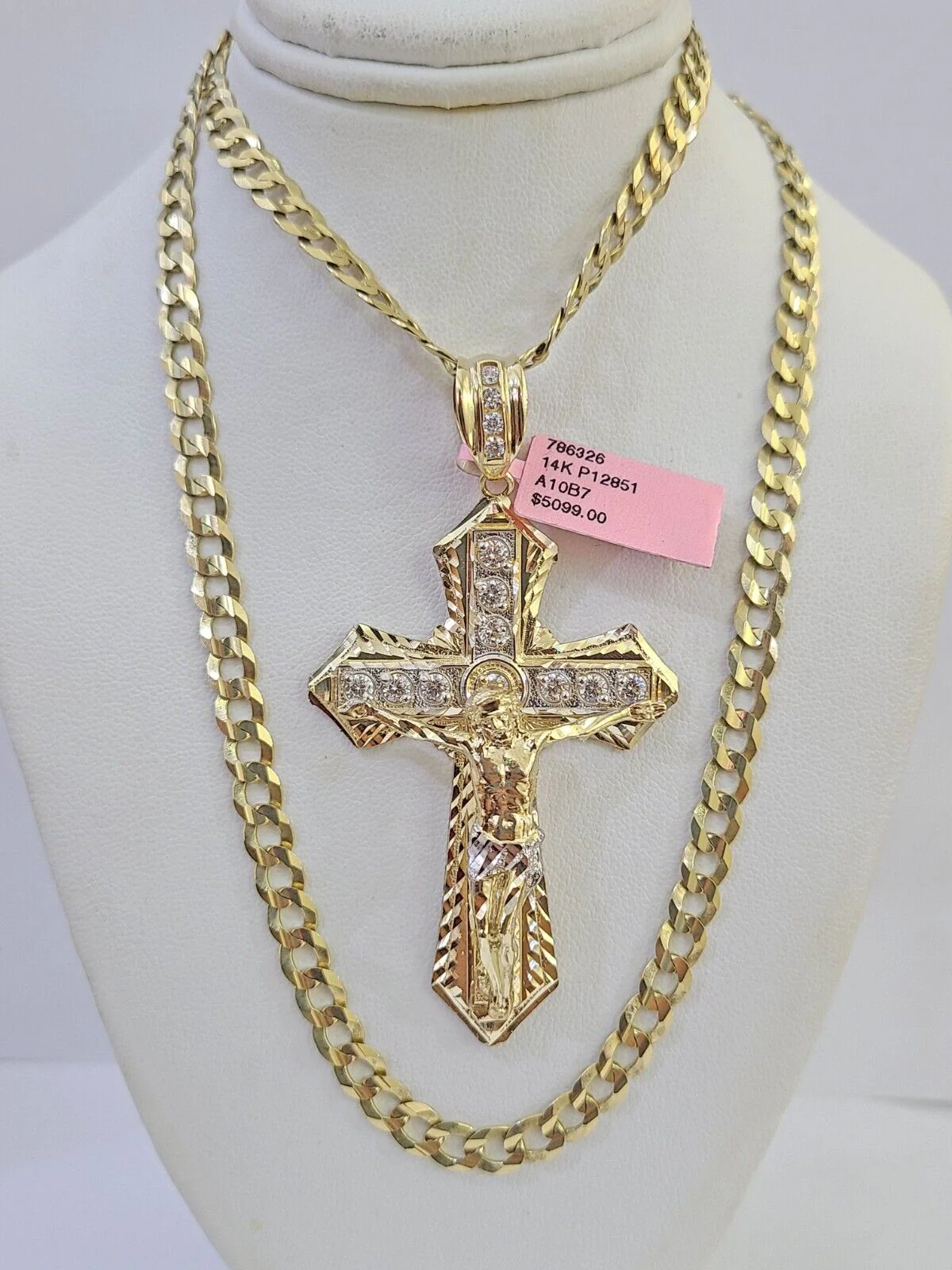 14k Gold Chain Jesus Cross Charm Solid Cuban Curb 5mm 20"-26" Inch SET Necklace - Image 4