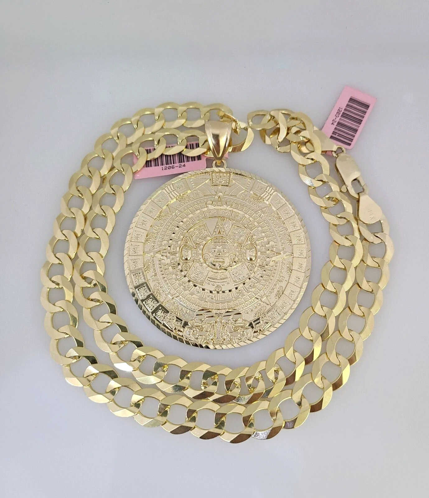 14k Gold Chain Mayan Calendar Charm Solid Cuban Curb 10mm 20"-30" SET Necklace - Image 4